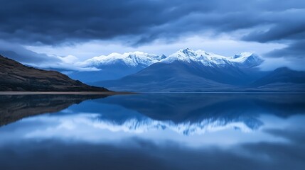 A peaceful mountain lake reflecting the surrounding snow-capped peaks at dawn 