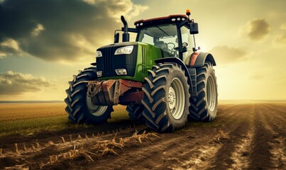 Obraz premium Green Tractor in the Field at Sunrise. Generative ai