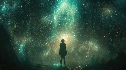 Obraz premium Person gazing at a cosmic spectacle in a starry night sky with vibrant colors and celestial patterns