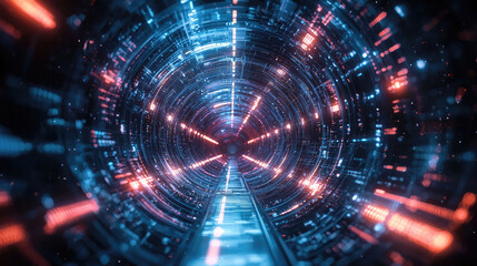 Obraz premium Vibrant digital tunnel illuminated with blue and red lights depicting a futuristic concept of technology and motion
