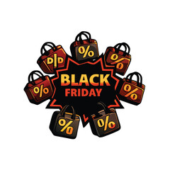 Black Friday sale with shopping bags and percentage signs flying out.