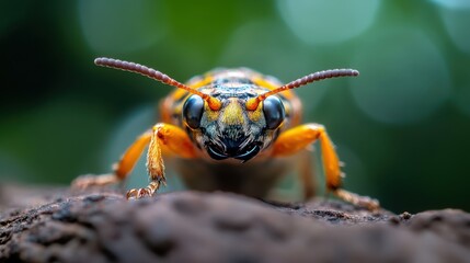 Fototapeta premium An exquisite close-up reveals a multi-colored insect, focusing on its intricate features and captivating colors against a soft blurred background of nature.