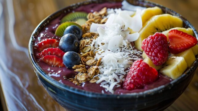 Delicious and colorful acai bowl with fresh fruits and granola topping