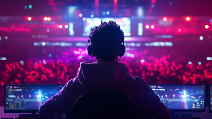 Naklejka premium Młody gamer uczestniczy w emocjonującym turnieju e-sportowym, gdzie kolorowe światła ekranów odbijają się na jego twarzy, a tłum kibiców dopinguje z energią.