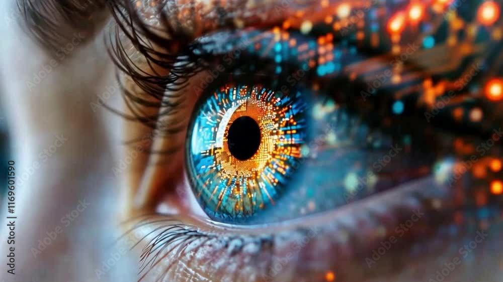Poster A captivating close-up of a human eye reveals intricate circuitry patterns glowing within the iris.