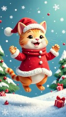 Christmas and New year background with A cartoon cat wearing a Santa hat and a red coat is jumping in the snow. The cat is surrounded by Christmas decorations, including a tree and a few presents. The