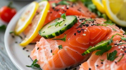 Fresh salmon sashimi with lemon, cucumber, and sesame seeds on a plate