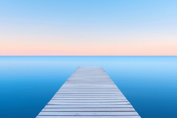 Naklejka premium At sunrise, a forest lake (river) glistens with soft sunlight and mist, reflecting on the water. The wooden pier (boardwalk) adds to the idyllic autumn landscape, perfect for pure nature experiences,