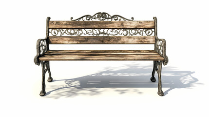 Tranquil park vignette rustic wooden bench with ornate wroughtiron details isolated on pure white dappled sunlight creates realistic shadows evoking a serene outdoor setting. Wroughtiron. Illustration