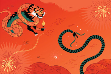 A stylized dragon and tiger entwined with a snake, set against an orange background with fireworks.