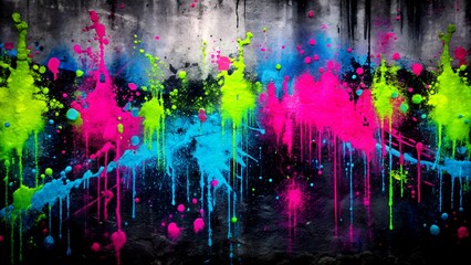 A bold neon paint explosion in pink, blue, and green tones with dripping splashes, set against a dark textured background, creating a striking urban abstract style.