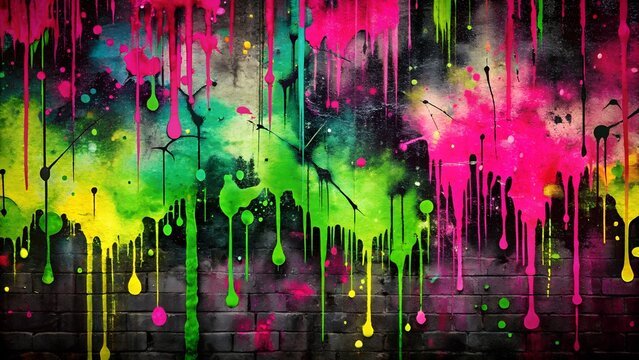 Fototapeta Backgrounds. A vibrant abstract artwork featuring neon pink, green, and yellow paint splashes dripping down a dark grunge wall, creating a bold and dynamic visual.