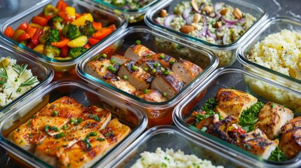 Diverse meal prep with grilled chicken and vibrant vegetables for healthy eating and nutrition