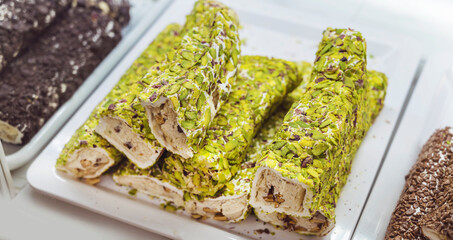 Turkish traditional lokum sweet delight with pistachio 