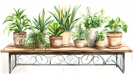 Vintage charm abundant houseplants on a rustic wroughtiron plant stand. Wroughtiron. Illustration