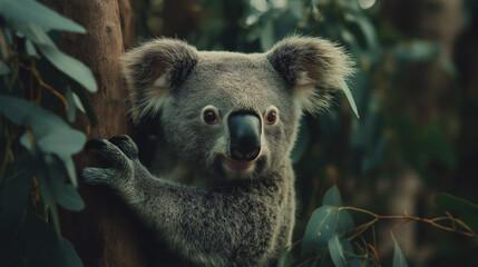 Obraz premium Koala sitting on tree surrounded by green leaves, looking at camera
