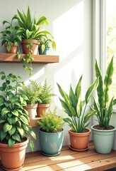 Obraz premium Indoor Plants in Sunlit Room on Wooden Shelf