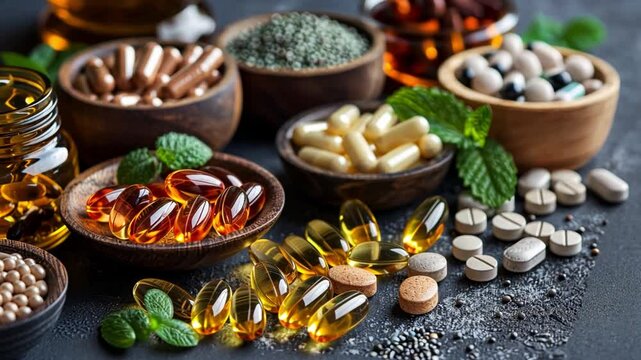 An array of colorful nutraceuticals arranged on a textured surface features various capsules, tablets, and natural supplements surrounded by fresh herbs and seeds.