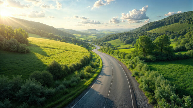Nachhaltige Mobilit&auml;t in idyllischer Natur: Stra&szlig;en bei warmen Sonnenuntergang am Horizont durch kr&auml;ftig gr&uuml;ne Landschaften f&uuml;r eine saubere Umwelt