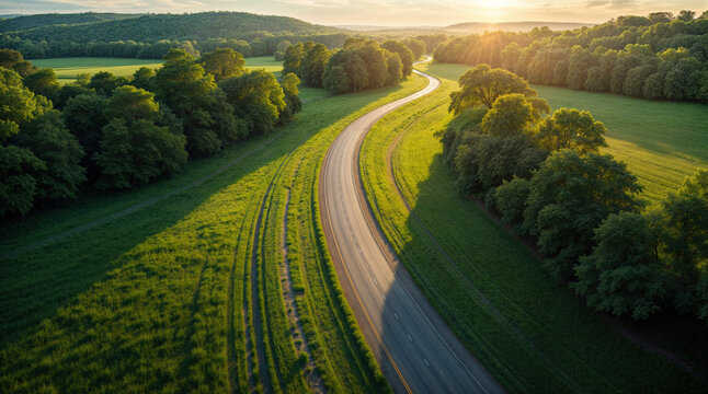 Nachhaltige Mobilit&auml;t in idyllischer Natur: Stra&szlig;en bei warmen Sonnenuntergang am Horizont durch kr&auml;ftig gr&uuml;ne Landschaften f&uuml;r eine saubere Umwelt