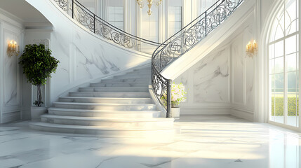 White marble staircase in an elegant mansion interior. Wroughtiron. Illustration