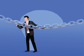 A businessman is holding a large chain, representing the challenges of supply chain management.
