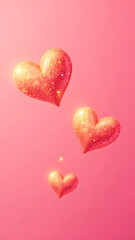 Fototapeta premium Floating golden hearts on pink background.