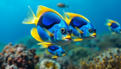 Obraz premium Blue and Yellow Tropical Fish Underwater Close-up