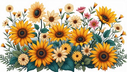 Naklejka premium Vibrant Sunflower and Daisy Floral Bouquet Illustration