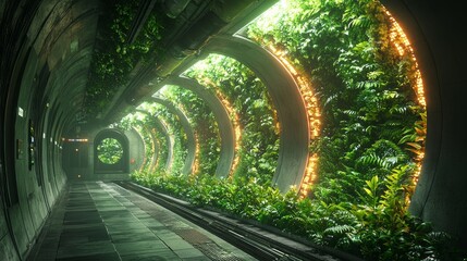 Fototapeta premium A futuristic tunnel against an abstract backdrop, representing green tech evolution and the future's impact, providing an immersive experience through neon glow and 3D visuals, crafted with