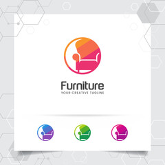 Furniture logo design vector with chair sofa icon illustration for home furnishing, interior architecture and gallery.