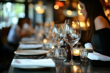 Obraz premium Restaurant table setting; glassware, plates, napkins, candlelight.