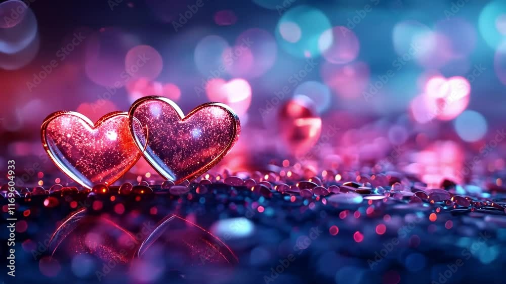 Aufkleber two glittery hearts are placed on a shiny surface, surrounded by colorful bokeh lights. the atmosphe