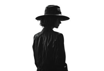 Noir movie detective girl in suit and hat standing under the rain isolated on transparent background side view