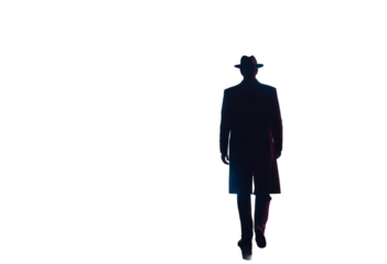Noir movie detective in suit and hat standing on neon street night background
