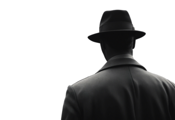 Noir movie back view of noir male detective on street, black and white, retro movie concept isolated on transparent background back view