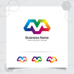 Digital logo letter M design vector with modern colorful pixel icon for technology, software, studio, app, and business.