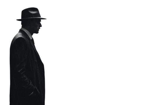Noir movie gangster male in suit and hat standing under the rain isolated on transparent background side view