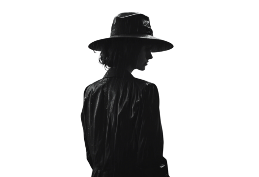 Noir movie detective girl in suit and hat standing under the rain isolated on transparent background side view