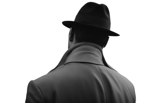 Noir movie back view of noir male detective on street, black and white, retro movie concept isolated on transparent background - Powered by Adobe