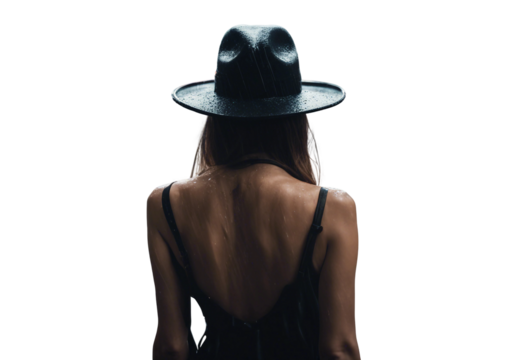 Noir movie back view of gangster girl with hat isolated on transparent background