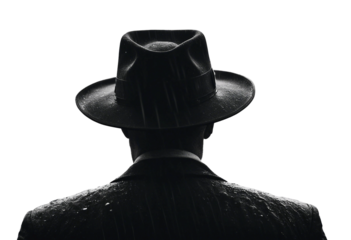 Noir movie back view of 40s gangster wearing hat standing under the rain back view close up isolated on transparent background