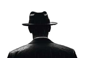 Noir movie back view of 40s gangster wearing hat standing under the rain isolated on transparent background back view