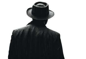 Noir movie back view of 40s gangster wearing hat standing under the rain isolated on transparent background