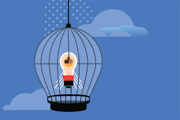 An illustration of a light bulb trapped in a birdcage.