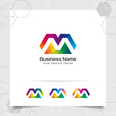 Digital logo letter M design vector with modern colorful pixel icon for technology, software, studio, app, and business.