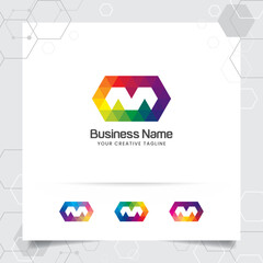 Digital logo letter M design vector with modern colorful pixel icon for technology, software, studio, app, and business.