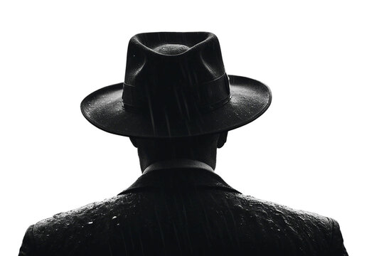 Noir movie back view of 40s gangster wearing hat standing under the rain back view close up isolated on transparent background