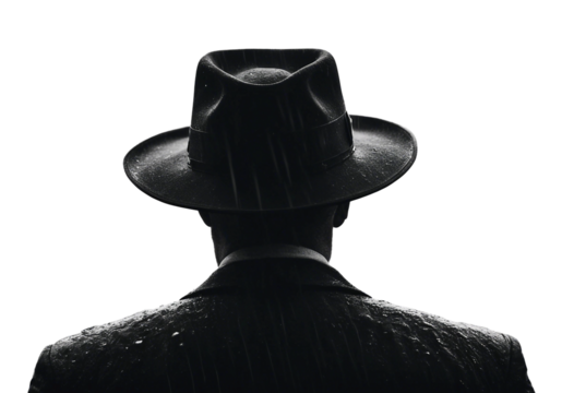 Noir movie back view of 40s gangster wearing hat standing under the rain back view close up isolated on transparent background