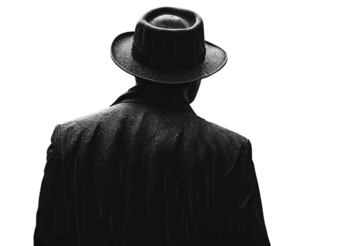 Noir movie back view of 40s gangster wearing hat standing under the rain isolated on transparent background